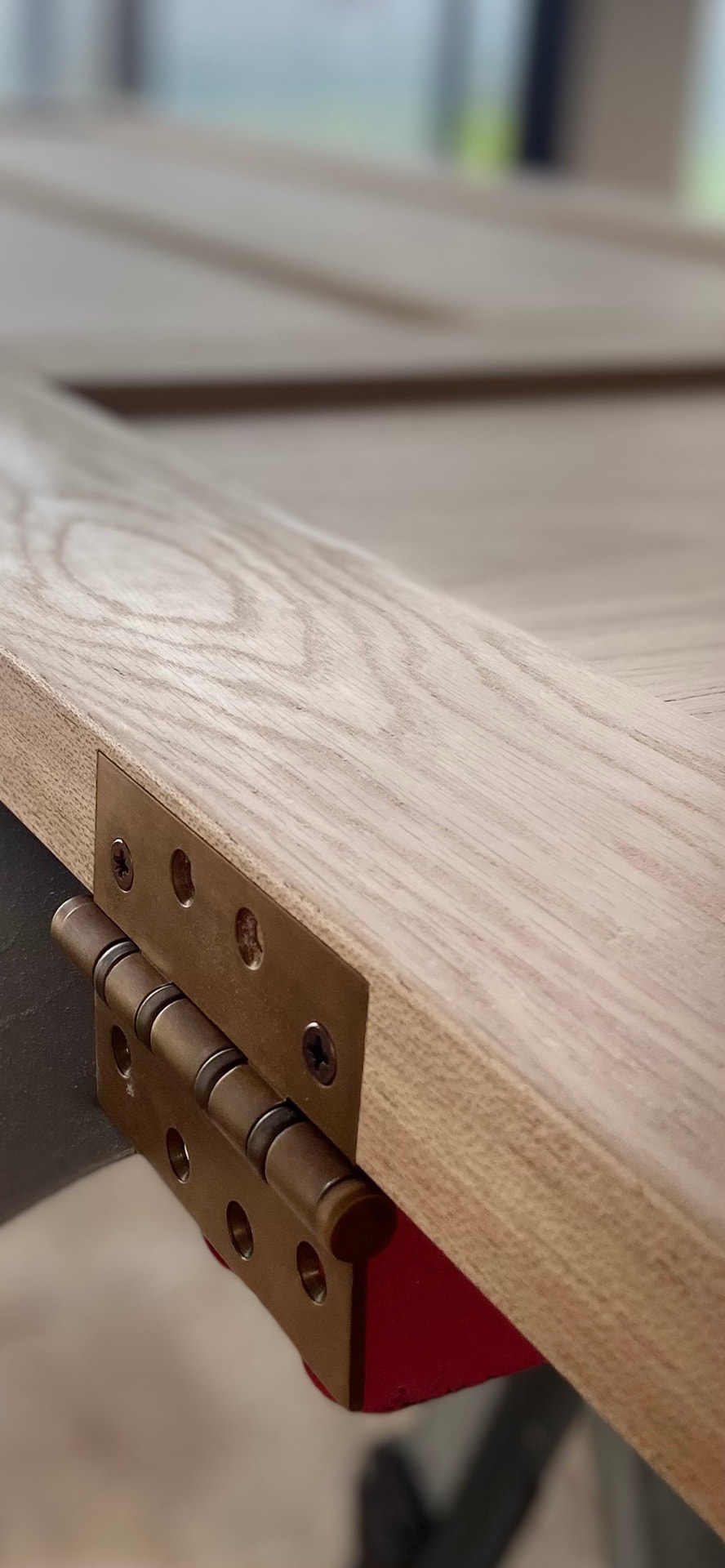 Solid brass hinge set into a white oak door edge