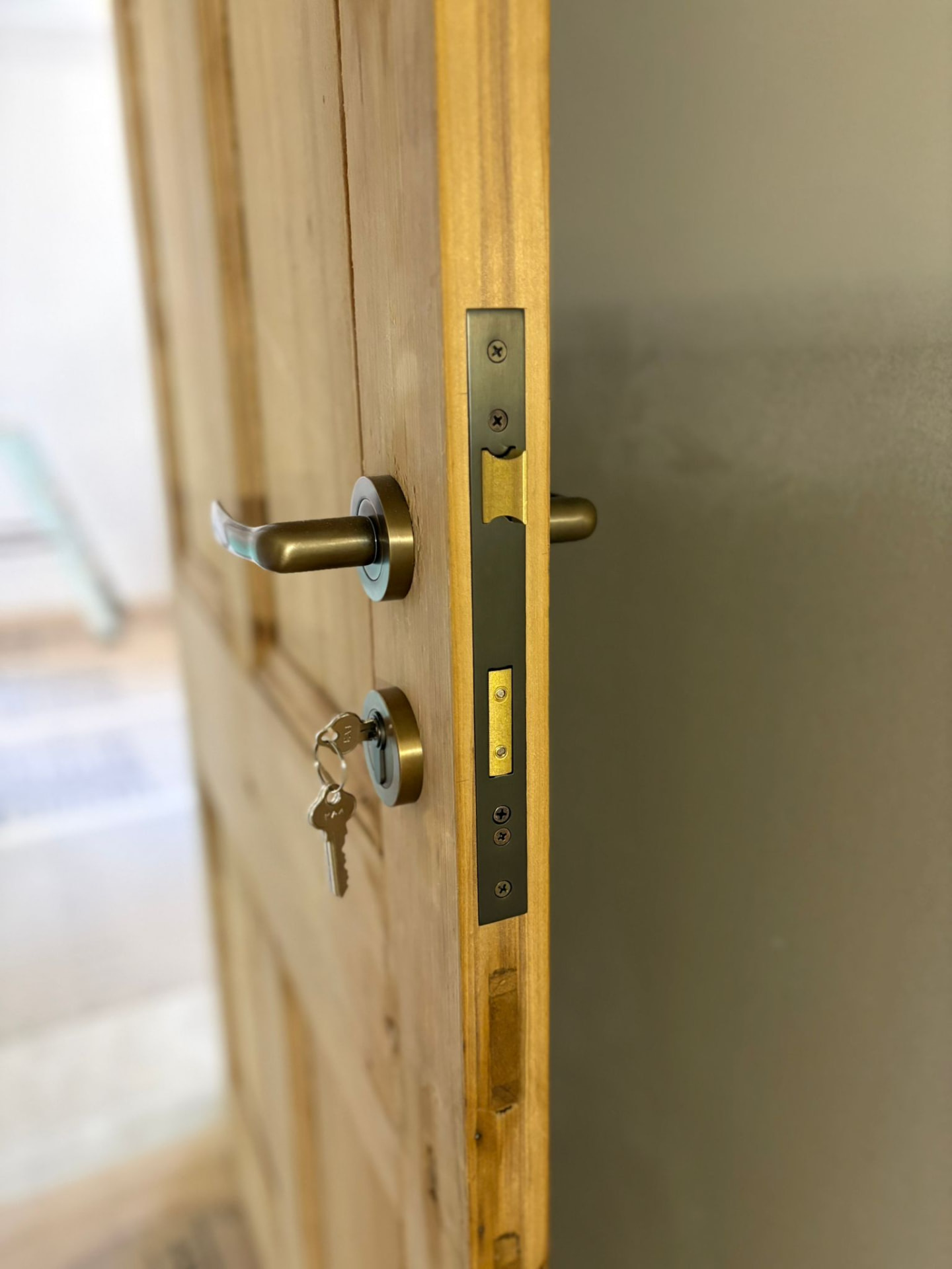 Solid timber door with aged brass hardware